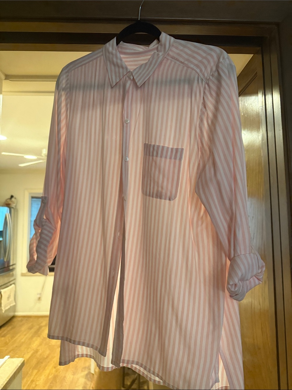 J. Jill Pink & White Vertical Striped Button Down Roll-Tab Sleeve Shirt - Medium